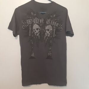 MMA Elite T-Shirt Mens S Cotton Short Sleeve V-Neck Gray Small Double-Sided